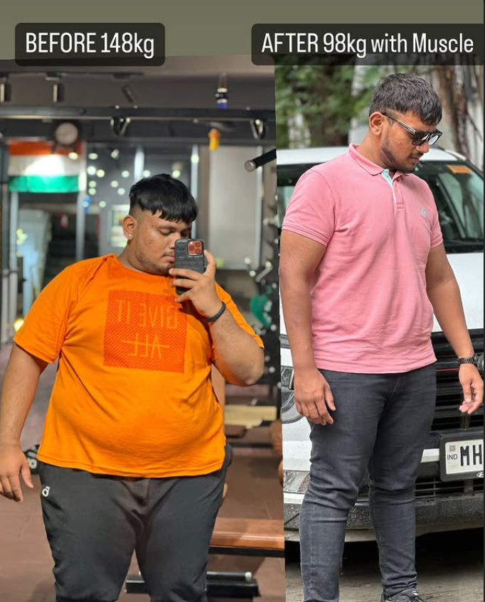 Member transformation: 148kg before to 98kg after with muscle